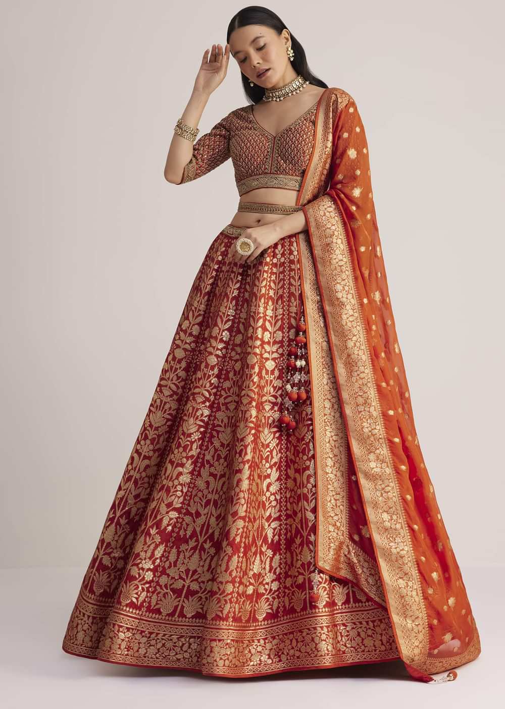 Burnt Orange Brocade Embroidered Lehenga Set