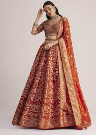 Burnt Orange Brocade Embroidered Lehenga Set