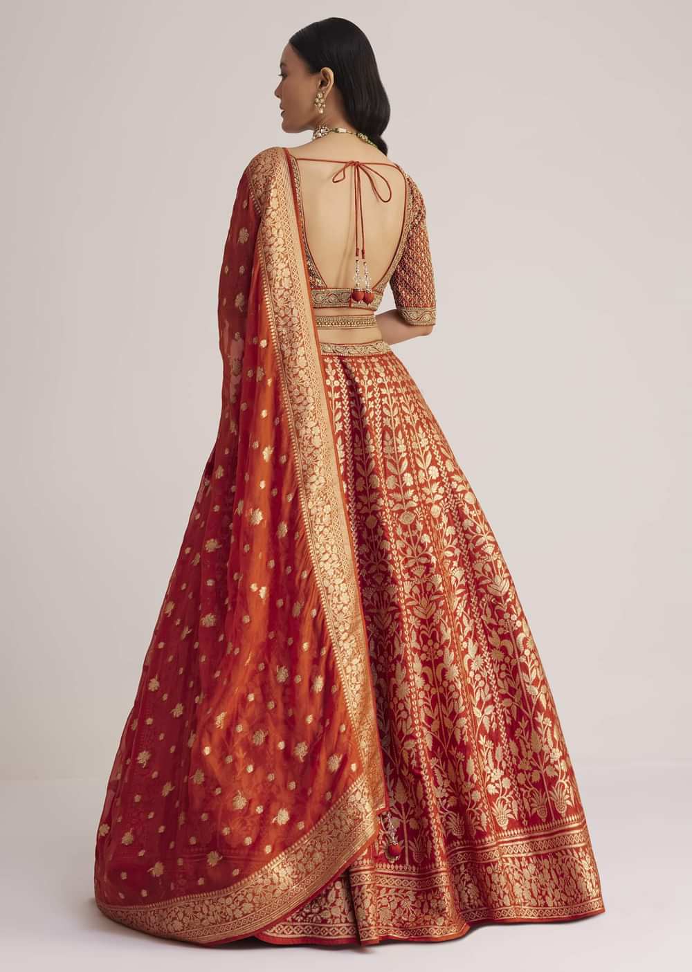 Burnt Orange Brocade Embroidered Lehenga Set