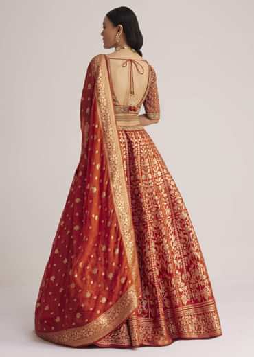 Burnt Orange Brocade Embroidered Lehenga Set