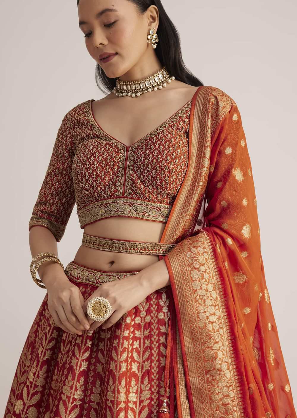 Burnt Orange Brocade Embroidered Lehenga Set