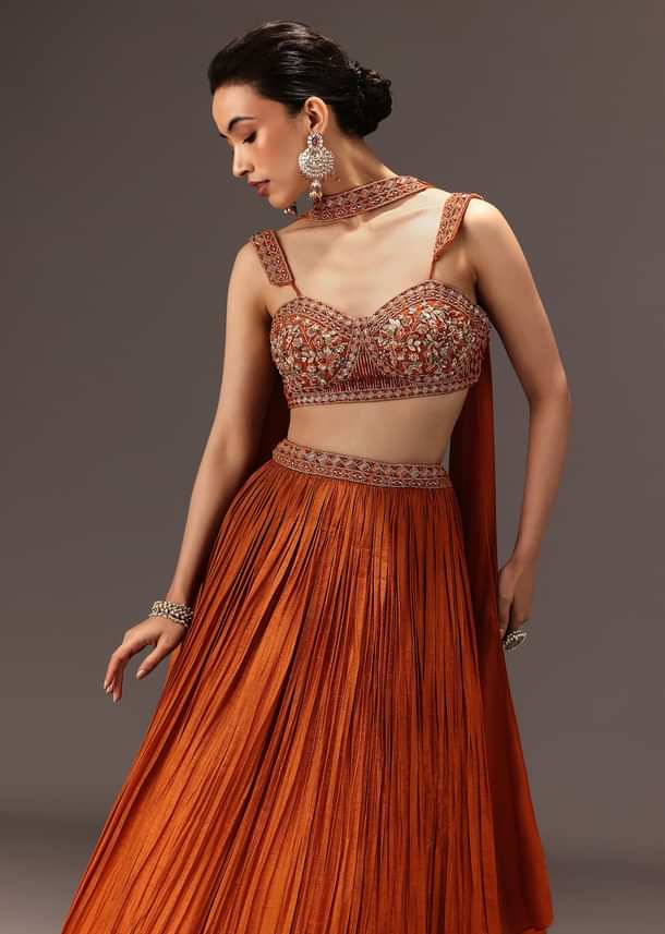 Burnt Rust Organza Hand Embellished Ruched Lehenga Set With Choker Dupatta