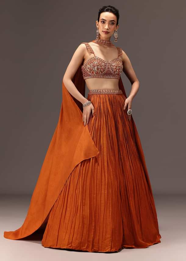Burnt Rust Organza Hand Embellished Ruched Lehenga Set With Choker Dupatta