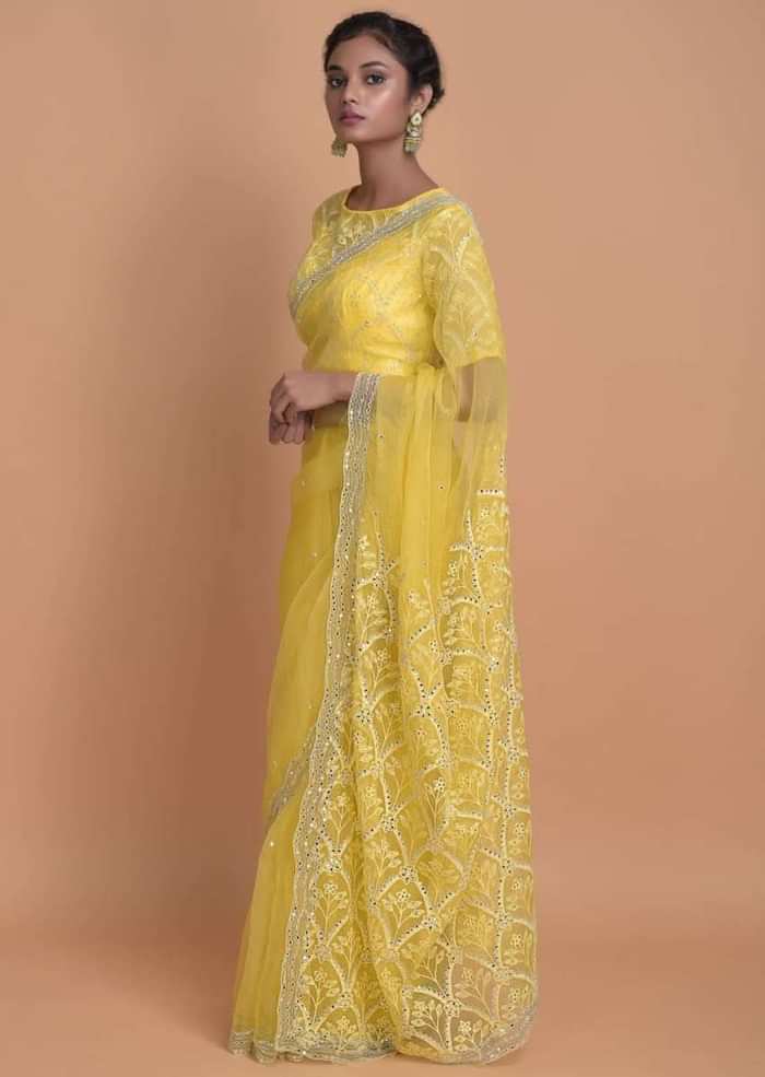 Butter Yellow Saree In Organza With Mirror Work Online - Kalki Fashion