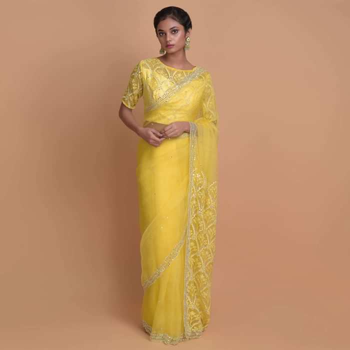 Butter Yellow Saree In Organza With Mirror Work Online - Kalki Fashion
