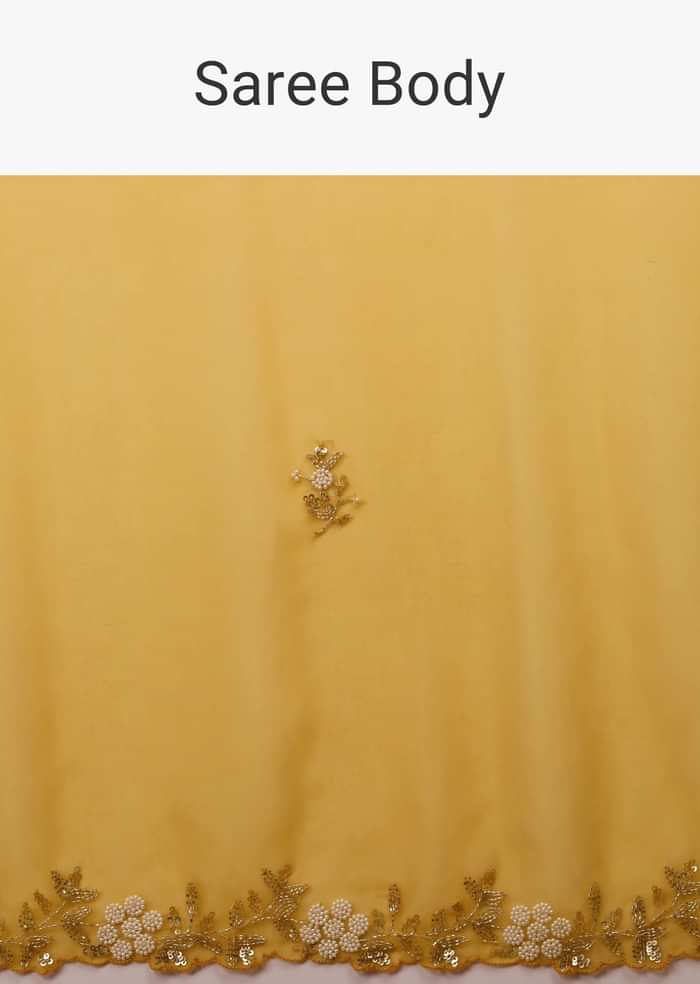 Butterscotch Yellow Saree In Organza With Hand Embroidered Moti And Cut Dana Work On The Border And Butti Design