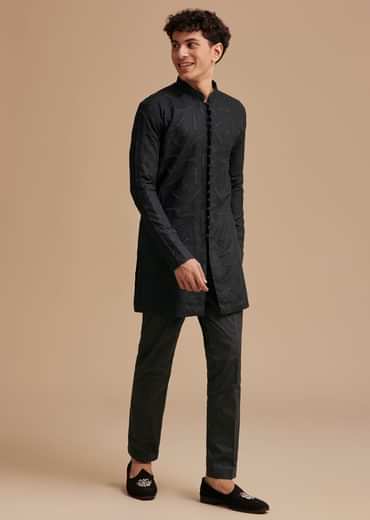 Black Cotton Textured Kurta Set
