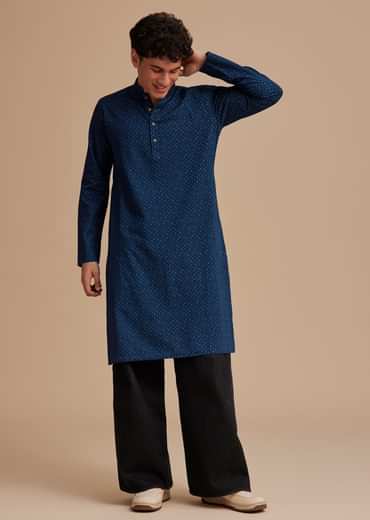 Blue Cotton Denim Micro Printed Kurta Set
