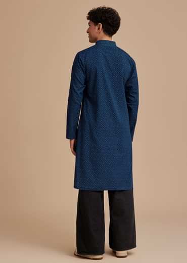 Blue Cotton Denim Micro Printed Kurta Set
