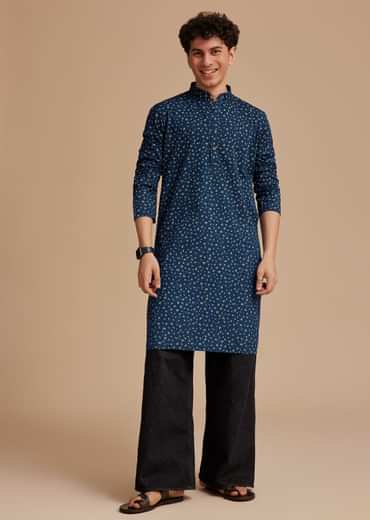 Blue Cotton Micro Printed Kurta Set