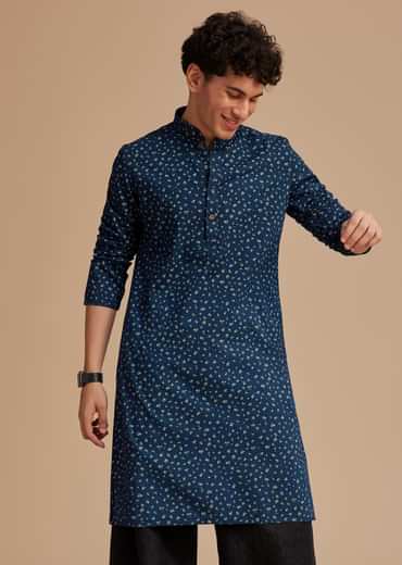 Blue Cotton Micro Printed Kurta Set