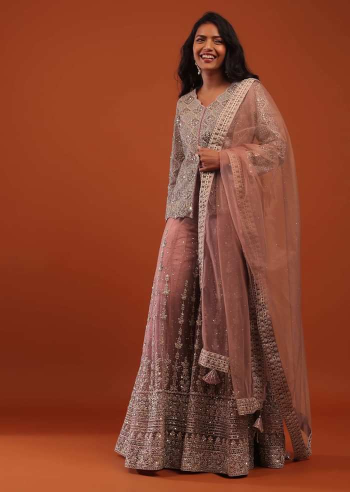 Cameo Brown Pink Embroidered Sharara Suit In Net