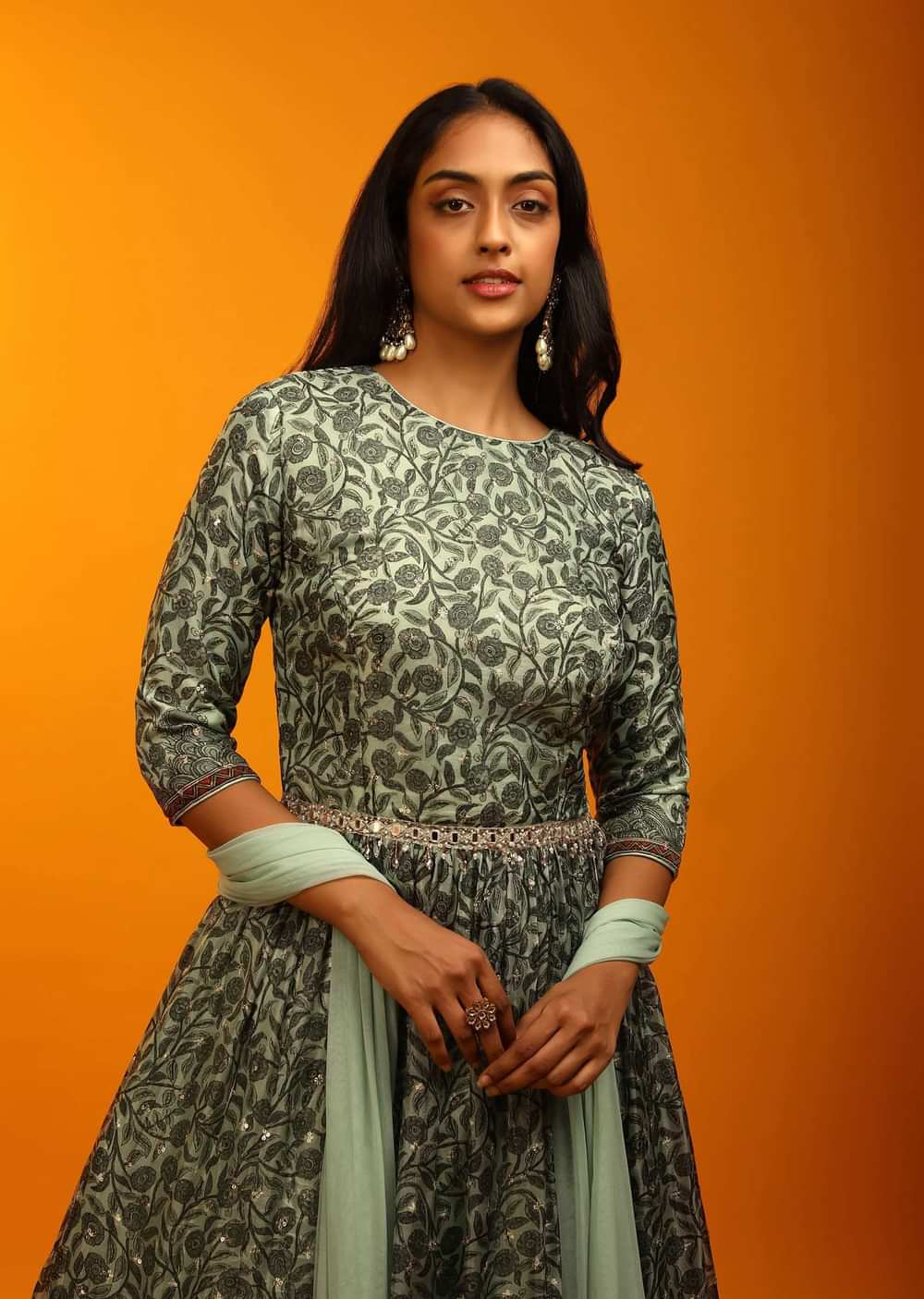 Cameo Green Anarkali Suit With Floral And Peacock Print And Mirror Embroidered Waistline