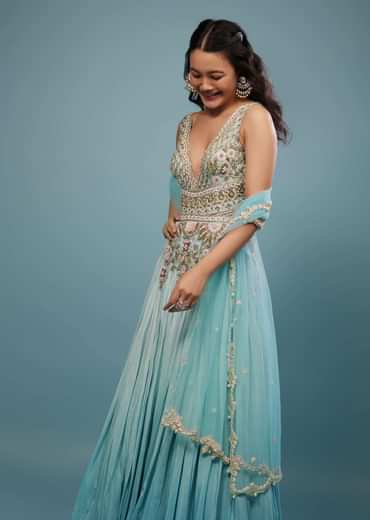 Mint Blue Embroidered Anarkali Suit In Crepe