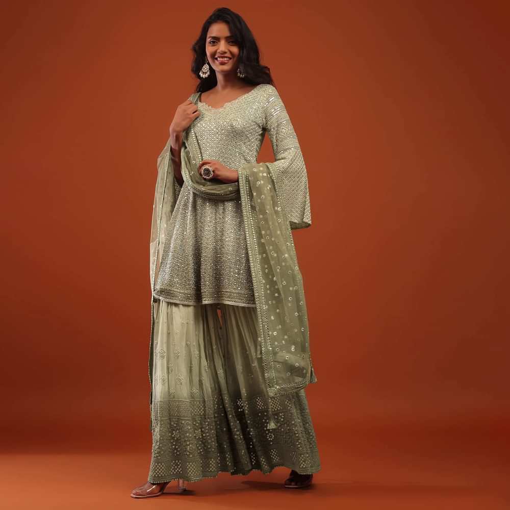 Canary Green Embroidered Georgette Sharara Suit