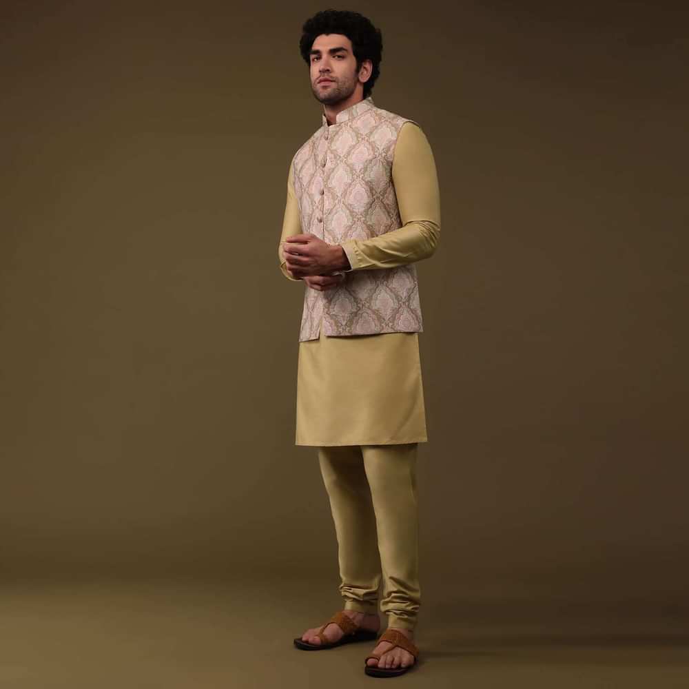 Canary Yellow Festive Bandi Jacket Set In Silk With Embroidery