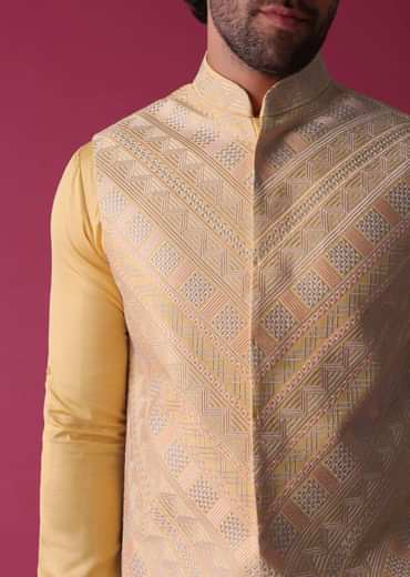 Canary Yellow Jacket Kurta Set In Art Silk With Threadwork
