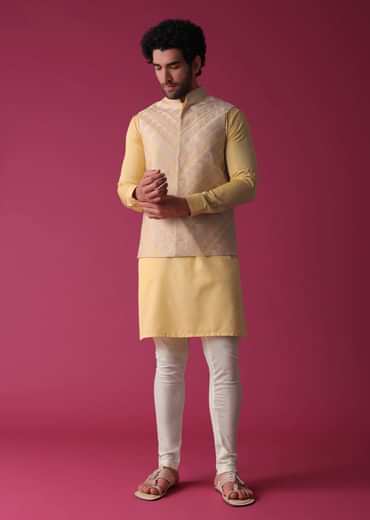 Canary Yellow Jacket Kurta Set In Art Silk With Threadwork