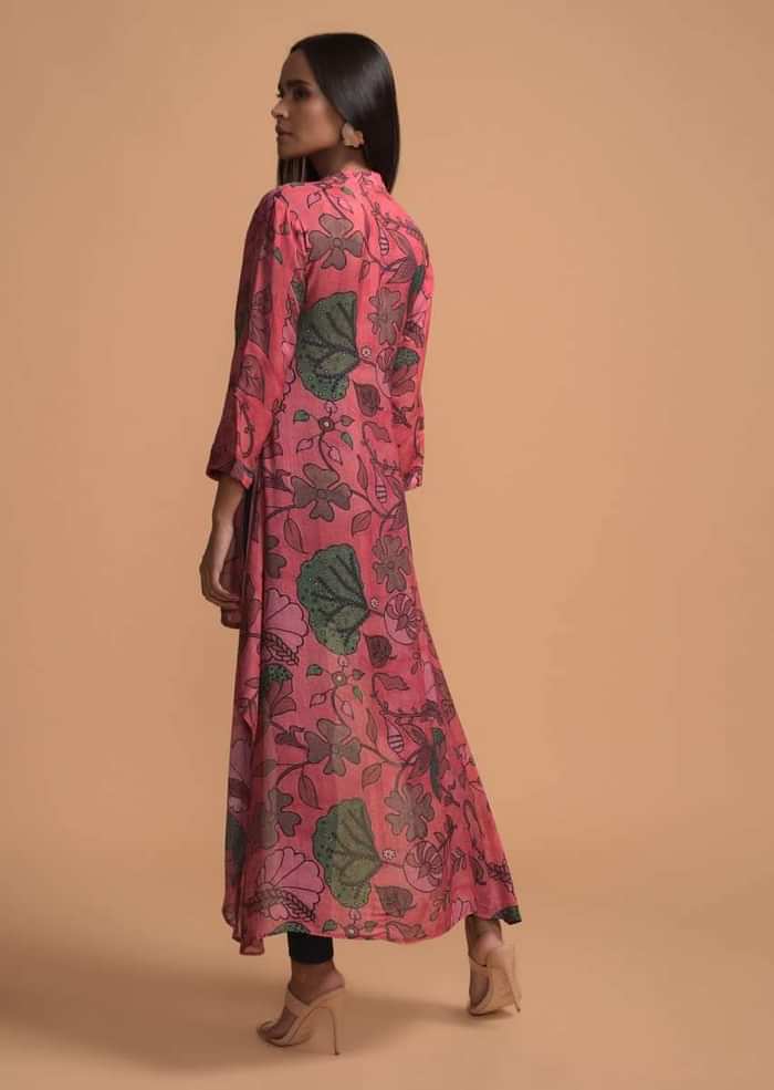 Candy Pink High Low Dhoti Suit In Cotton Blend With Nature Inspired Print