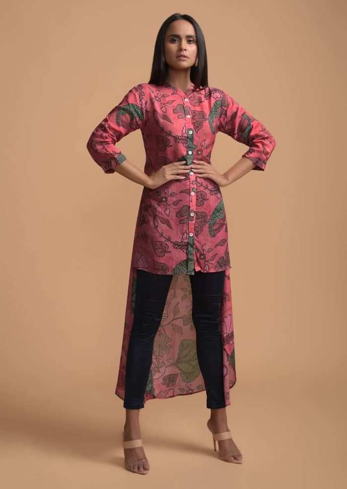 Candy Pink High Low Dhoti Suit In Cotton Blend With Nature Inspired Print