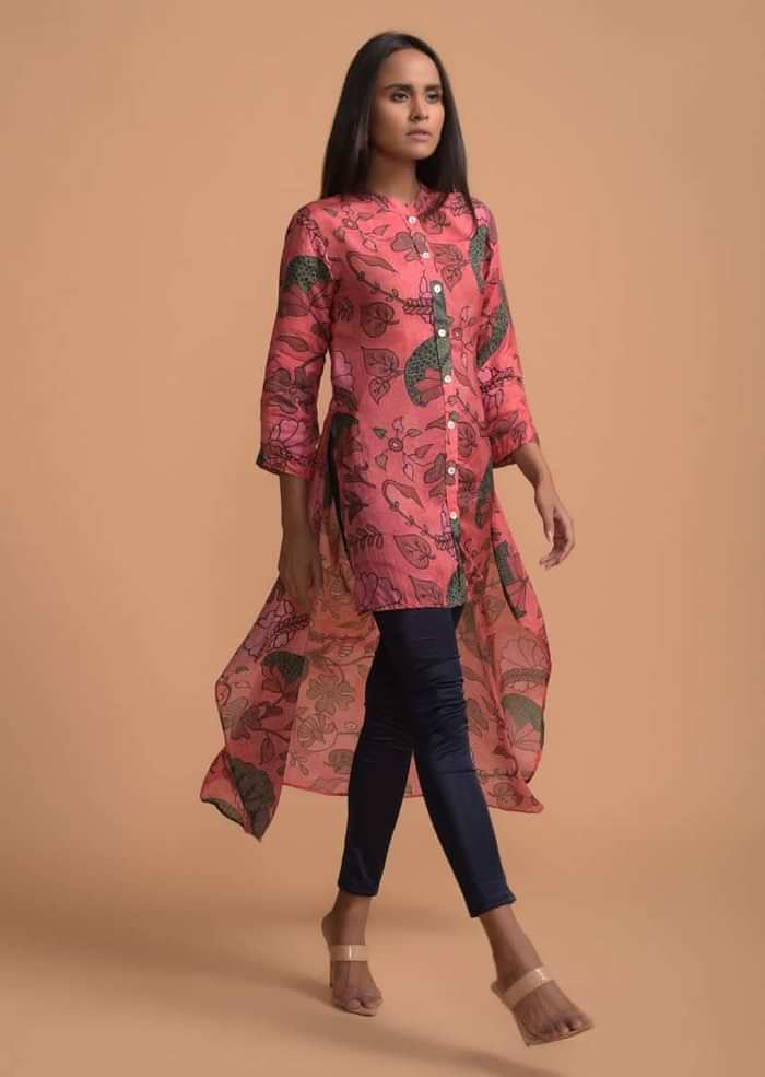 Candy Pink High Low Dhoti Suit In Cotton Blend With Nature Inspired Print