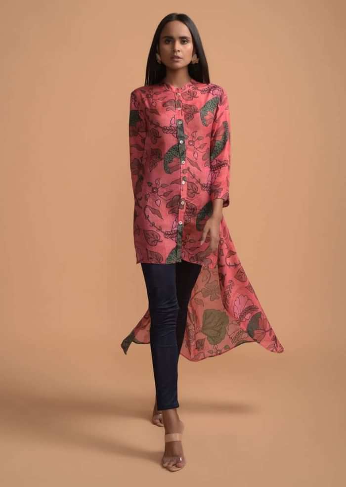 Candy Pink High Low Dhoti Suit In Cotton Blend With Nature Inspired Print