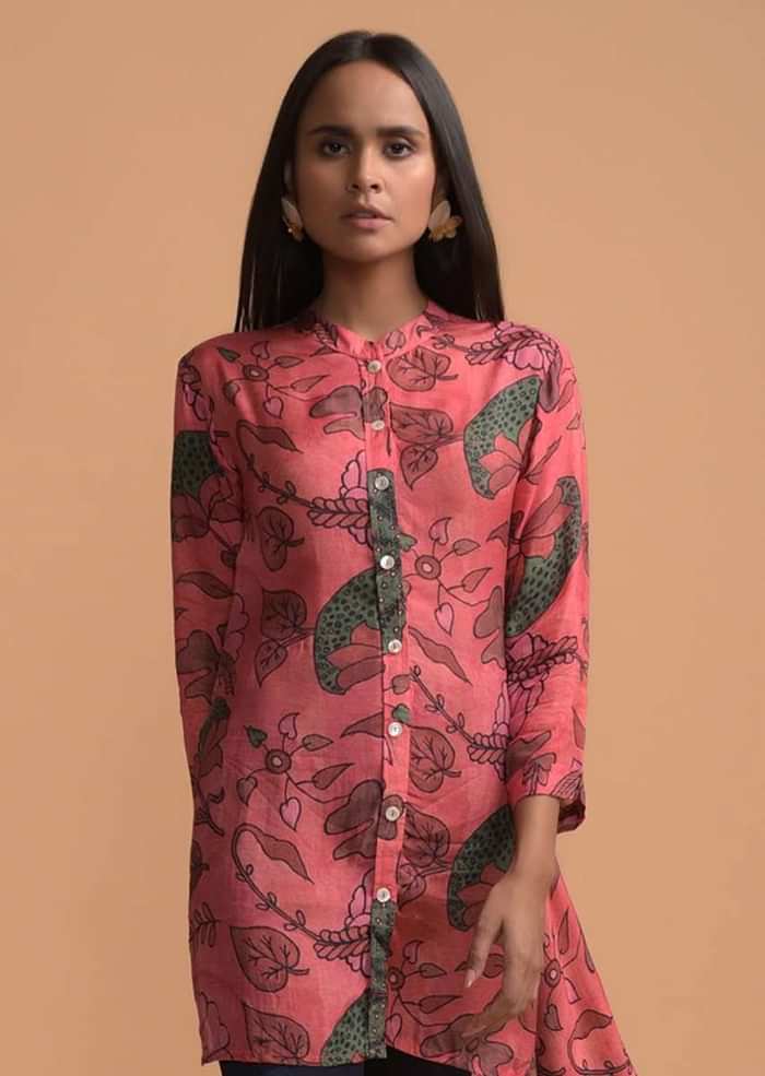 Candy Pink High Low Dhoti Suit In Cotton Blend With Nature Inspired Print