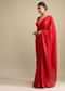 Candy Red Saree In Satin Embellished With Scattered Red And Silver Kundan Along The Border And Unstitched Blouse