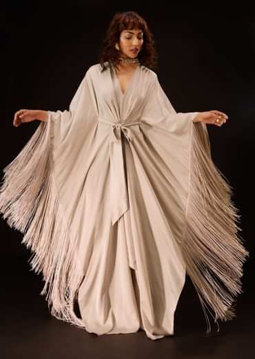 Candy Pink Embroidered Kaftan With Fringe Border And Tie-Up Bow - DEME X KALKI