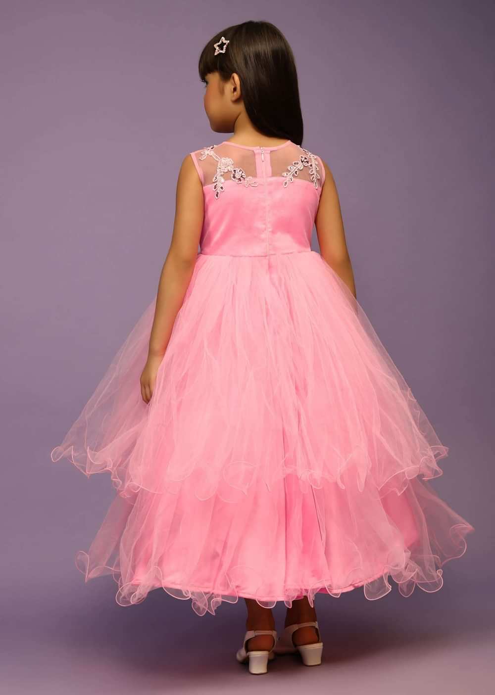 Kalki Girls Candy Pink Gown With Net Frill Layers And Sequins Embroidered Floral Design