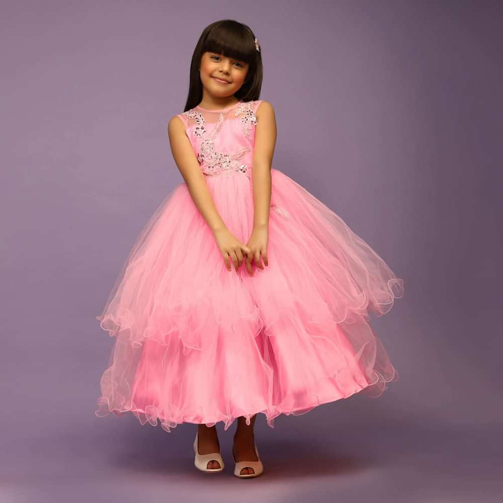 Kalki Girls Candy Pink Gown With Net Frill Layers And Sequins Embroidered Floral Design