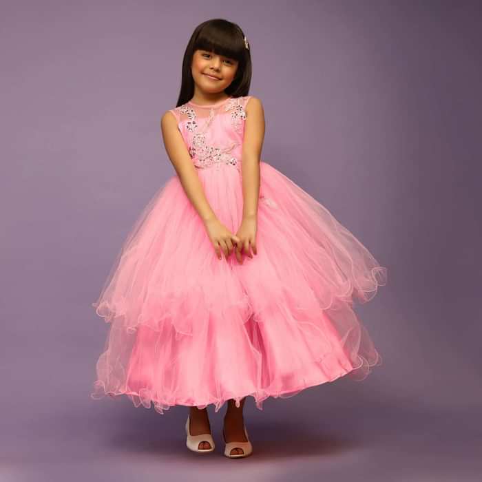 Kalki Girls Candy Pink Gown With Net Frill Layers And Sequins Embroidered Floral Design