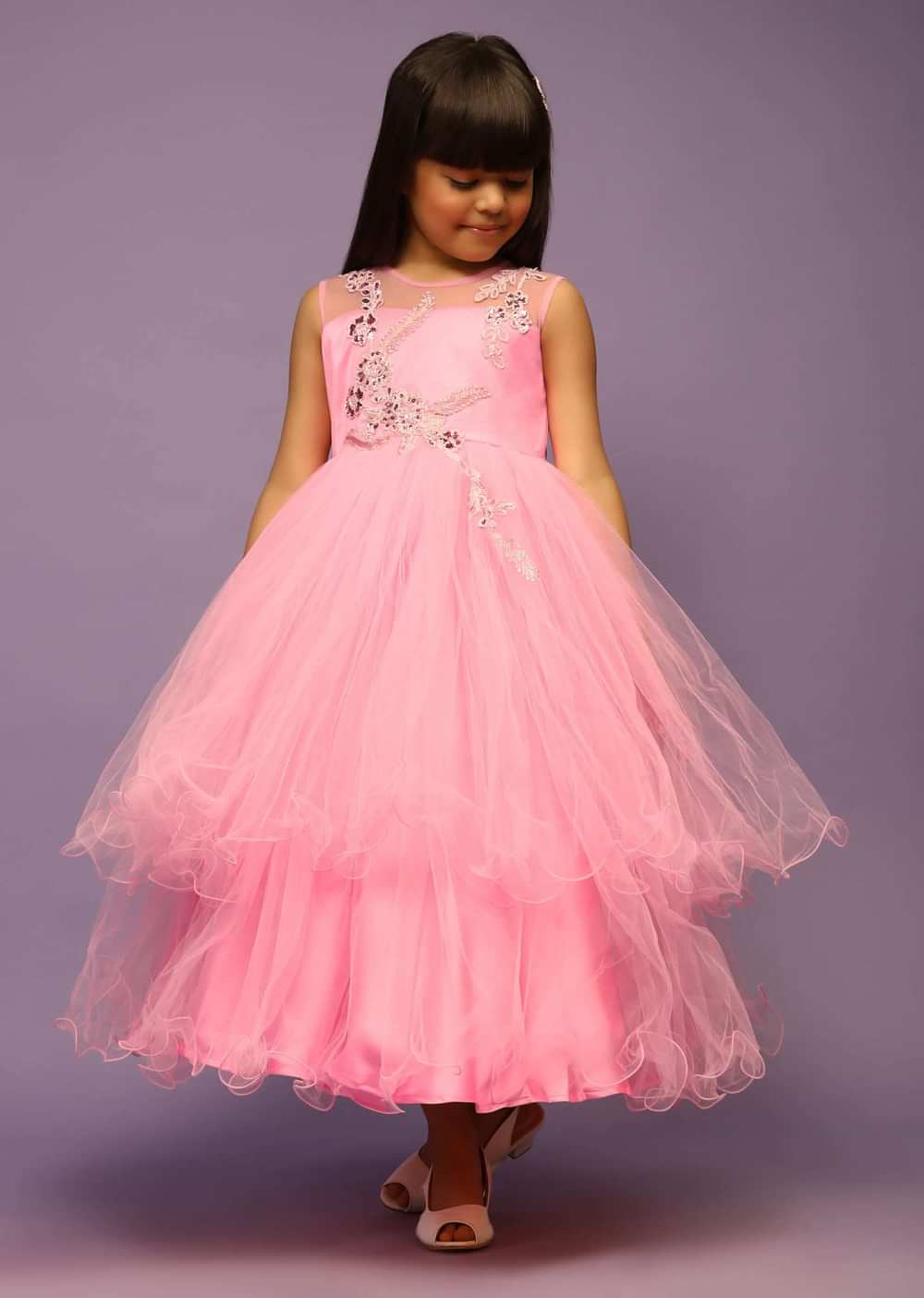 Kalki Girls Candy Pink Gown With Net Frill Layers And Sequins Embroidered Floral Design