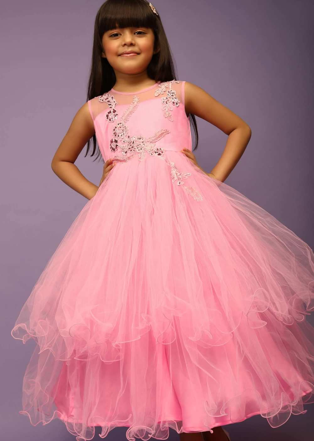 Kalki Girls Candy Pink Gown With Net Frill Layers And Sequins Embroidered Floral Design
