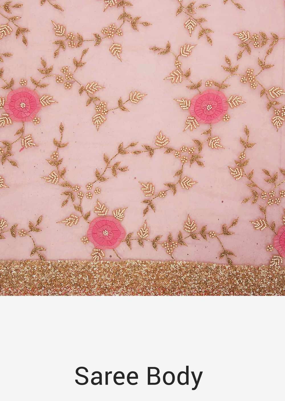 Candy pink saree in net adorn in 3D flower and cut dana jaal embroidery only on Kalki