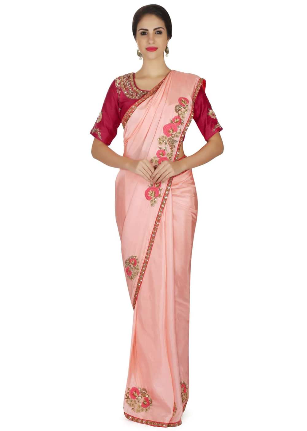 Candy pink saree in satin with resham embroidered butti and border only on Kalki
