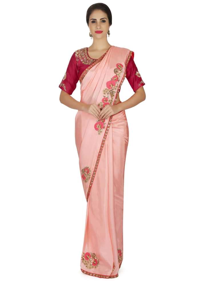 Candy pink saree in satin with resham embroidered butti and border only on Kalki
