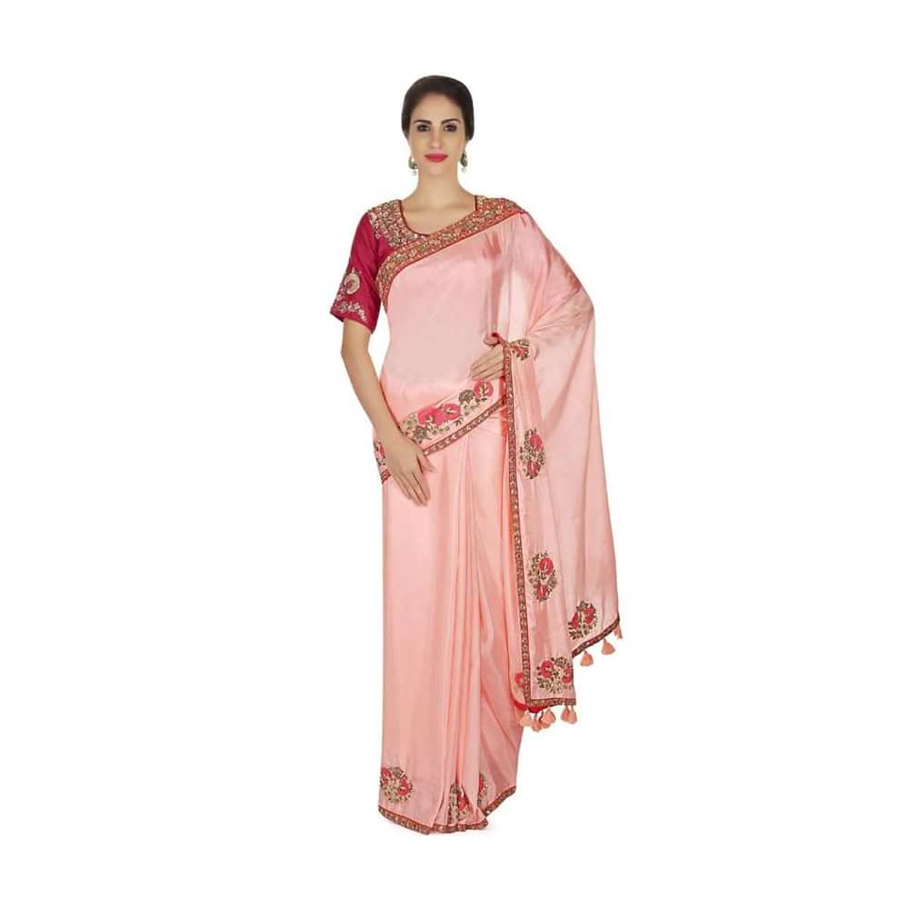 Candy pink saree in satin with resham embroidered butti and border only on Kalki