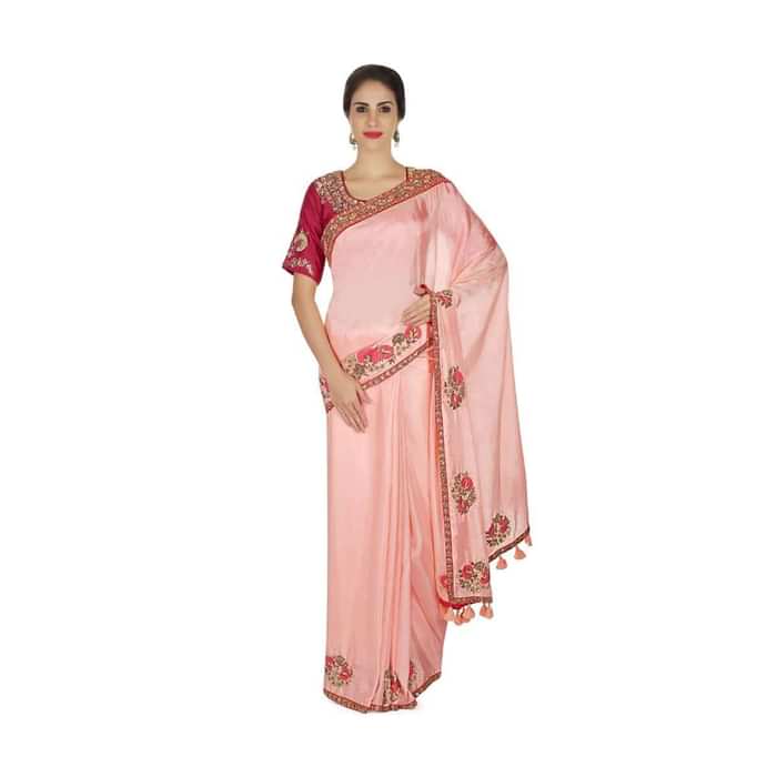 Candy pink saree in satin with resham embroidered butti and border only on Kalki