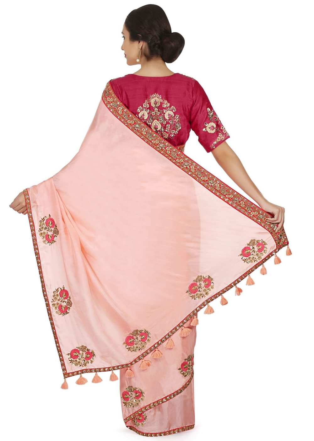 Candy pink saree in satin with resham embroidered butti and border only on Kalki