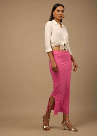 Candy Pink Shapewear Saree Petticoat In Cotton Lycra With Elastic Waistband And Slit