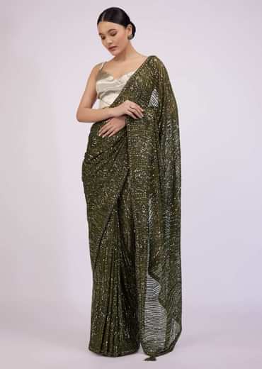Capulet Olive Green Saree In Sequins With Embroidery