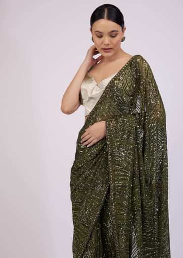 Capulet Olive Green Saree In Sequins With Embroidery