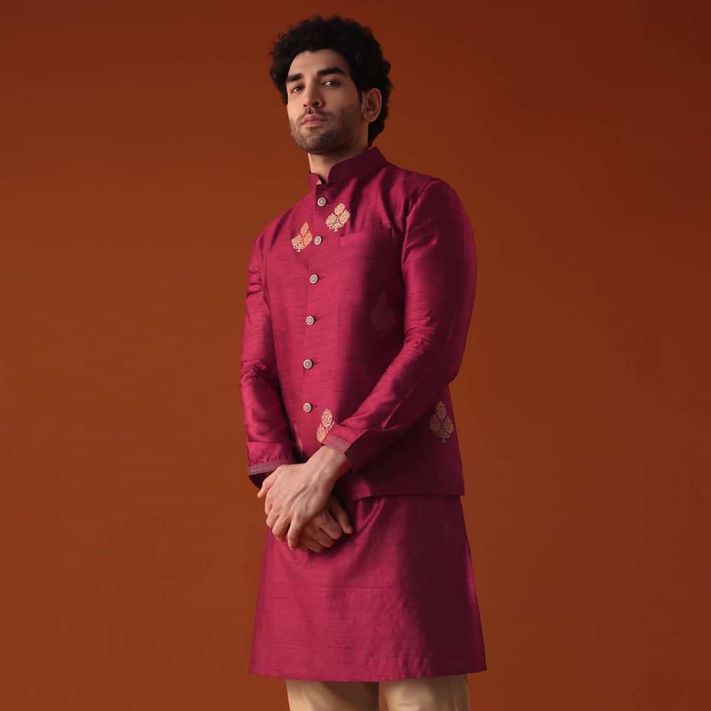 Carmine Red Jacket Kurta Set In Dupion Silk With Golden Floral Motifs