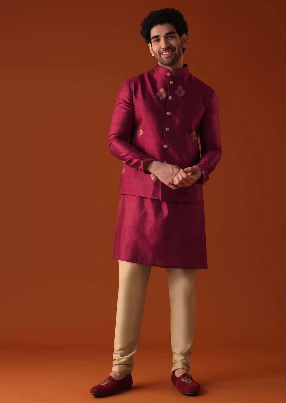 Carmine Red Jacket Kurta Set In Dupion Silk With Golden Floral Motifs