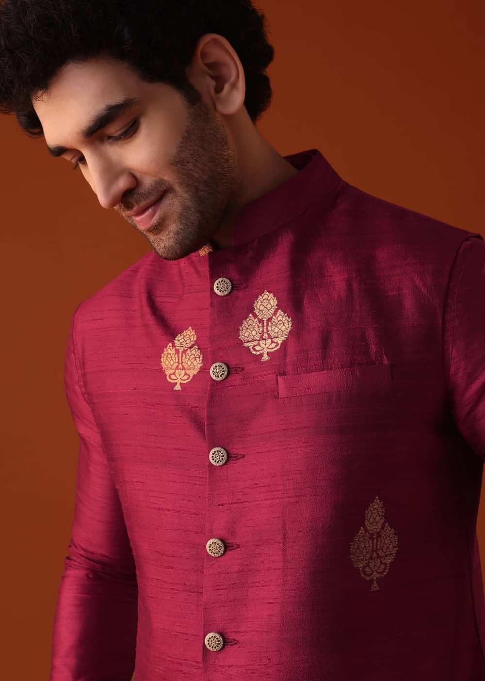 Carmine Red Jacket Kurta Set In Dupion Silk With Golden Floral Motifs