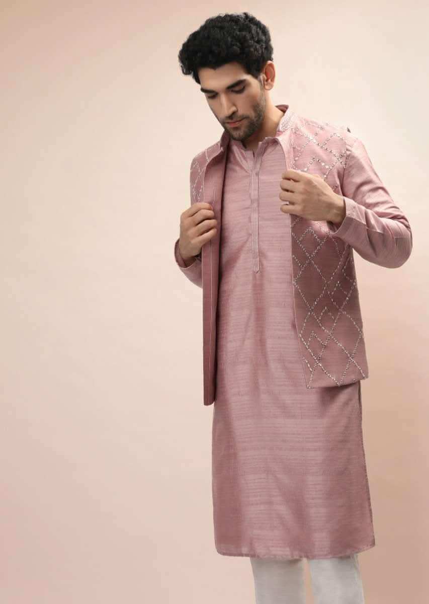 Carnation Pink Nehru Jacket And Kurta Set With Resham And Mirror Embroidered Checks