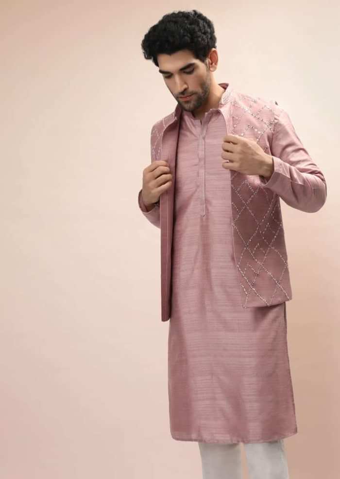 Carnation Pink Nehru Jacket And Kurta Set With Resham And Mirror Embroidered Checks