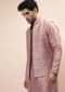 Carnation Pink Nehru Jacket And Kurta Set With Resham And Mirror Embroidered Checks