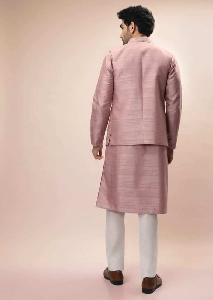 Carnation Pink Nehru Jacket And Kurta Set With Resham And Mirror Embroidered Checks